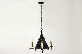 Arts & Crafts Wrought Iron Medieval Chandelier, Stained Glass #36673