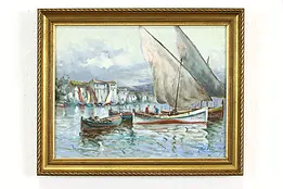 Sailboats at Harbor Original Vintage Oil Painting, Signed 16" #37048