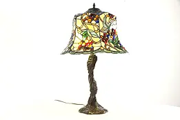 Leaded Stained Glass Vintage Lamp, Grapevine Base & Shade #35904