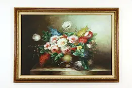 Still Life Vase & Flowers /Vintage Original Oil Painting Carder 41 1/2"  #36798