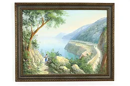 Isle of Capri Italian Shoreline Original Oil Painting, M. Gianni, 28.5" #37278