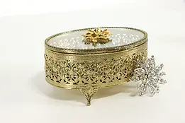 Gold Plated Filigree Vintage Jewelry Box, Glass & Velvet #37523