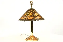Cat Tails Design Antique Lamp, Stained Glass Octagonal Shade #37564