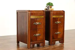 Pair of Art Deco Waterfall Vintage Nightstands, Bakelite Pulls #37713