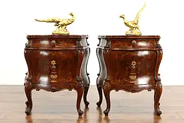 Pair of Bombe & Marquetry Antique Italian Chests, Nightstands, End Tables #36321