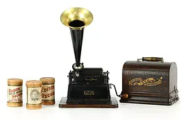 Edison Gem Antique Oak Phonograph Cylinder Record Player, Brass Horn #37463