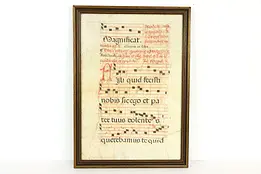 Musical Antique 1600's Latin Manuscript, Hand Painted Vellum, Framed 22" #37585