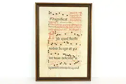 Musical Antique 1600's Latin Manuscript, Hand Painted Vellum, Framed 22" #37585