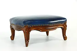 Leather Vintage Carved Mahogany Foot Stool, Brass Nailhead Trim #37962