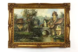 European Village & Bridge Original Vintage Oil Painting, Th. Kurtten 43" #37723