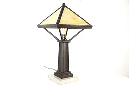 Arts & Crafts Mission Oak & Marble Antique Craftsman Stained Glass Lamp #37760