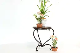 Wrought Iron Base Vintage Plant Stand or Pedestal, Oak Top #38137