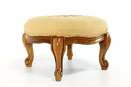 Farmhouse Fruitwood Vintage Footstool, Needlepoint Upholstery #38212