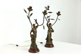 Art Nouveau Antique Pair of Newel Post Lamps, Fruit Pickers by Marceau #37505