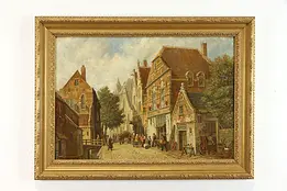 Village in Flanders Original Antique Oil Painting, John Henry Martyn 36" #37884