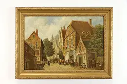 Village in Flanders Original Antique Oil Painting, John Henry Martyn 36" #37884