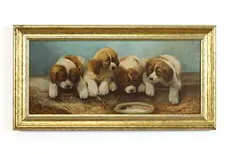 Puppies at Feeding Dish, Antique Original Farmhouse Oil Painting 26" #38128