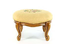 Farmhouse Vintage Country Fruitwood Footstool, Needlepoint Upholstery #38184