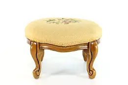 Farmhouse Vintage Country Fruitwood Footstool, Needlepoint Upholstery #38184