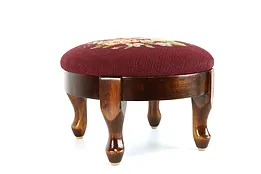 Farmhouse Vintage Country Birch Footstool, Needlepoint Upholstery #38189