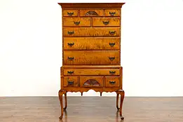 Georgian Design Artisanal Vintage Tiger Maple Tall Chest on Chest Highboy #38273