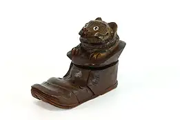 Hand Carved Fruitwood Cat and Shoe Antique Folk Art Inkwell #38340