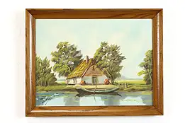 Canoe and Thatched Cottage, Vintage Original Acrylic Painting 18 1/2" #38470