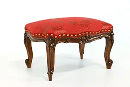 Fruitwood Antique Carved French Footstool, New Upholstery #38562