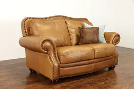 Vintage Natural Leather Loveseat, Brass Nailhead Trim #38234