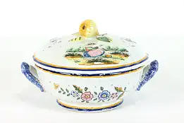 Quimper Hand Painted Covered Bowl with Handles, Brittany France #38824