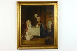 Mother & Daughters Original Antique Oil Painting after de Hoog 29" #38806