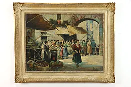 Italian Market Scene Original Vintage Oil Painting, Vincenzo Ciappa, 39" #38809