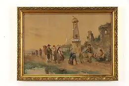 Tyrol Village & St John Statue Antique Original Painting, Willem Rip 24"  #38813