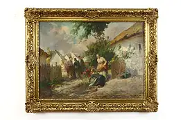 Villagers Cutting Flowers Vintage Original Oil Painting, Agoston Acs 38" #38814