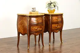 Pair of Antique Bombe Marquetry Chests, Nightstands, Marble Tops #34198