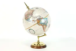 Library or Office Vintage 12" World Globe, Walnut & Brass Base, Replogle #38977