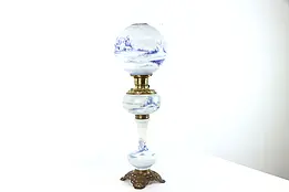 Victorian Delft Blue Antique Oil Banquet Lamp, Plume & Atwood #39107