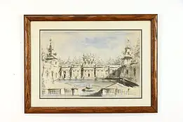 Warsaw Polish Royal Palace Original Vintage Watercolor Painting, 30.5" #38861