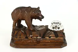 Black Forest Carved Bear Antique Inkstand With Glass Inkwell #39082