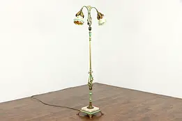 Onyx Base Antique Hand Painted Brass & Iron Floor Lamp, Art Glass Shades #39137