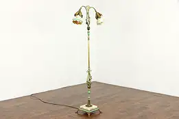 Onyx Base Antique Hand Painted Brass & Iron Floor Lamp, Art Glass Shades #39137