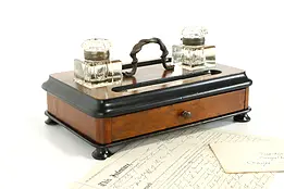 Victorian Antique Desk Inkstand, Two Inkwells & Silver Pen #39143