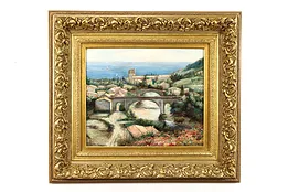 Village on the Mediterranean Vintage Original Oil Painting, signed 38" #39321