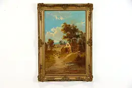 Pastoral Farmhouse Scene Original Antique English Oil Painting, Mead 34" #38922