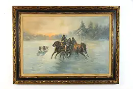 Troika Russian Scene Original Vintage Oil Painting, J. Kamich, 44" #39265