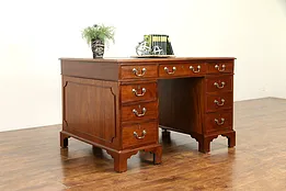 English 1930's Vintage Mahogany Library or Office Desk, Leather Top  #30895