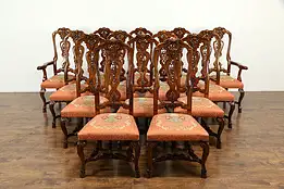 Set of 14 Carved Mahogany Vintage Dining Chairs, Tapestry Seats #33210