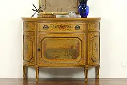 Demilune Half Round Vintage Hall Console, Hand Painted Venice Scene #31678