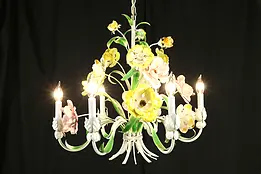 Wrought Iron Vintage Italian Chandelier, Hand Painted Flowers 24" #31318