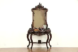 Mahogany Vintage Hall Console Table & Mirror, Grape Carved #31648